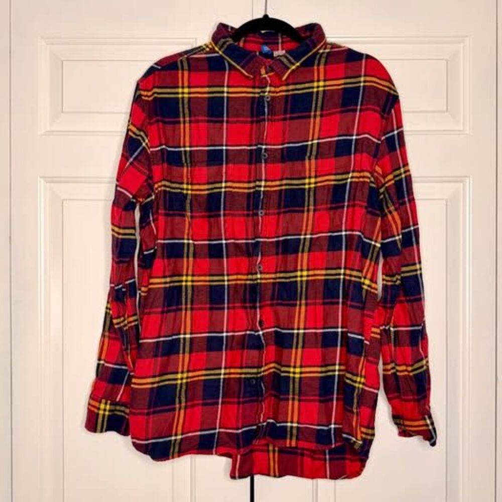 H&M Divided Red Navy & Mustard Plaid Long-Sleeve Button-Up Shirt — L